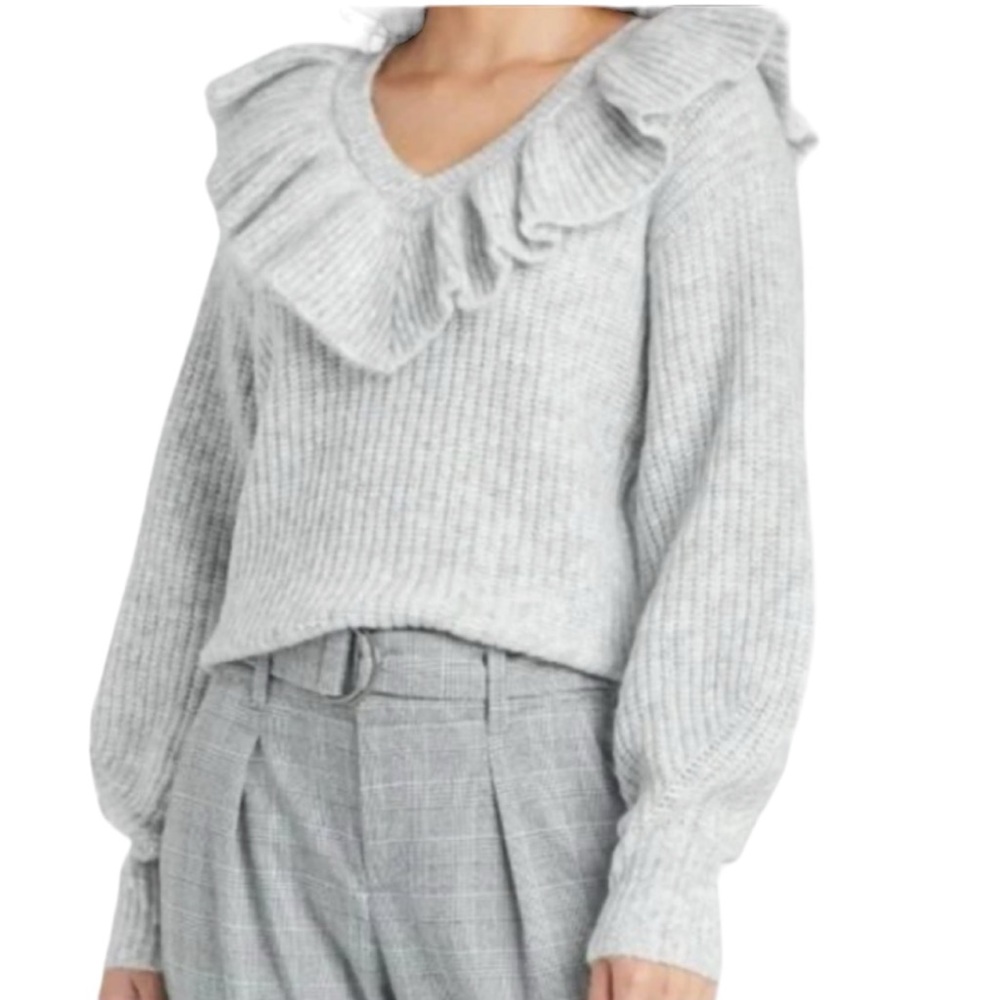 a new day | Ruffle Grey V Neck Sweater